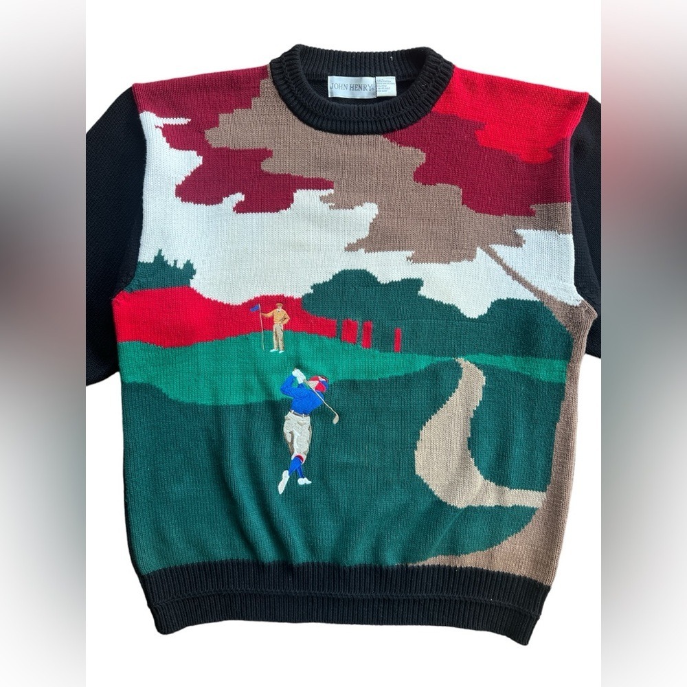 John Henry Mens Golf Scene Sweater L‎ Black Crew Neck Long Sleeve Cotton